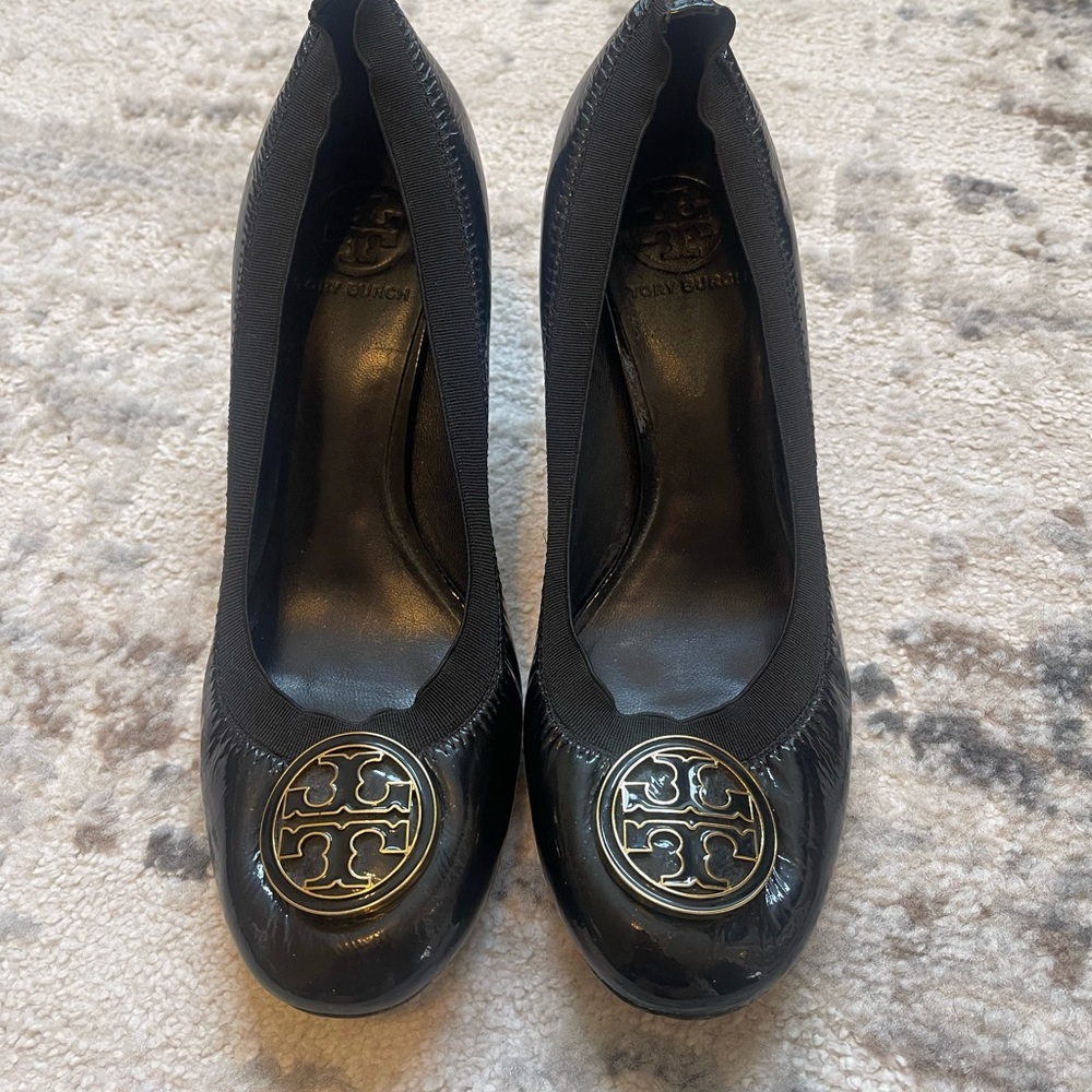Tory Burch Black Heels with Gold Logo